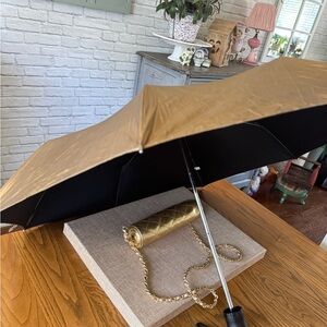 Vintage pocket umbrella, gold chain crossbody, gold umbrella
